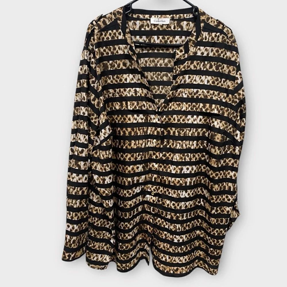 Calvin Klein Button Down Long Sleeve Top Size 3X Mixed Print